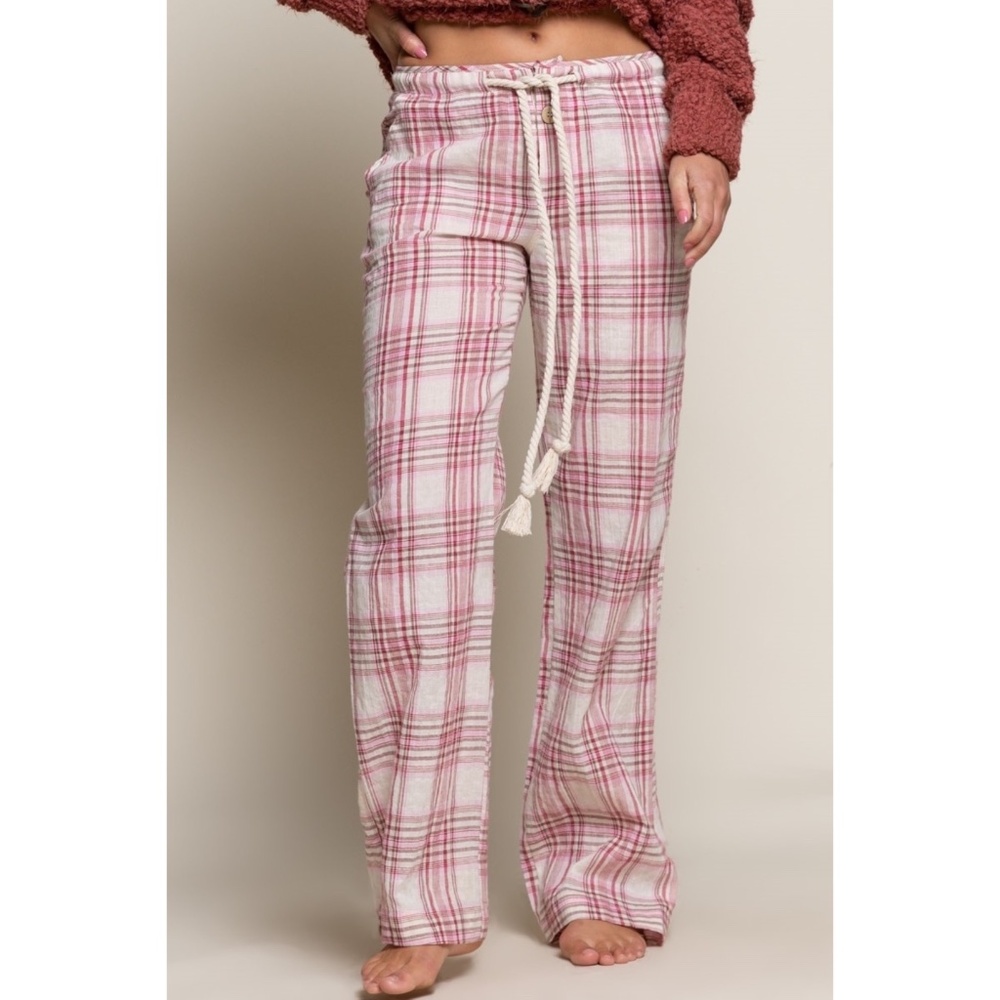 POL Red & White Plaid Drawstring Cotton Trouser Pants - Picture 1 of 7